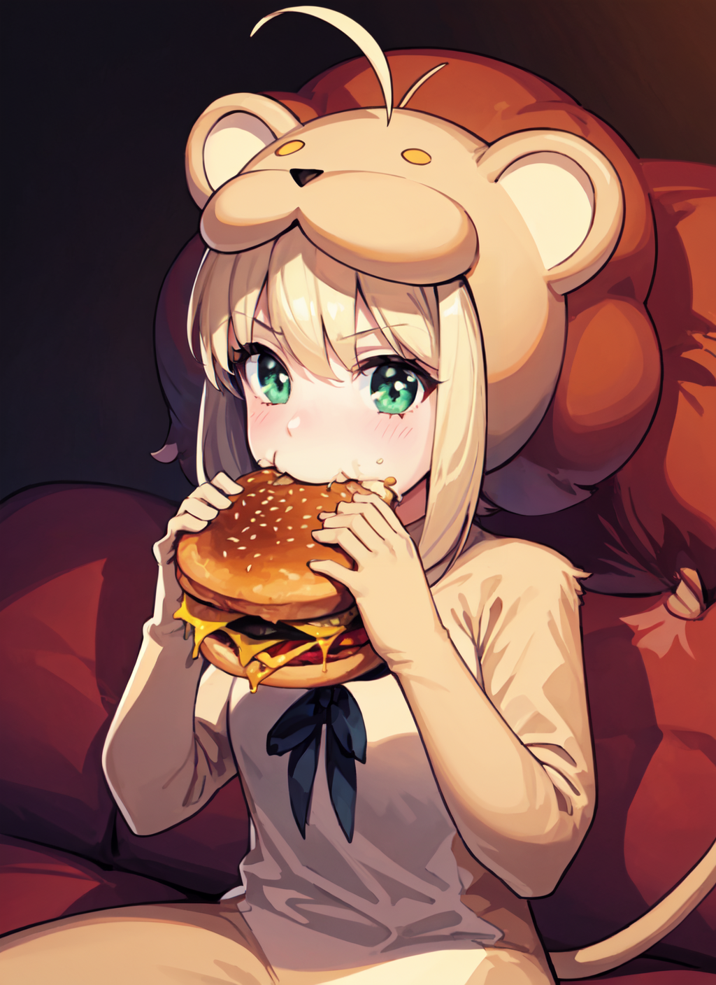 48233-230242652-1girl, solo, saberlio, ahoge, animal costume, lion, tail, sitting, two-handed burger, eating, holding a huge burger with both ha.png
